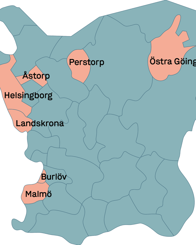 Karta som visar vissa kommuner i en region, med Perstorp, Åstor, Helsingborg, Östra Göinge, Landskrona, Burlöv och Malmö markerade i rött.