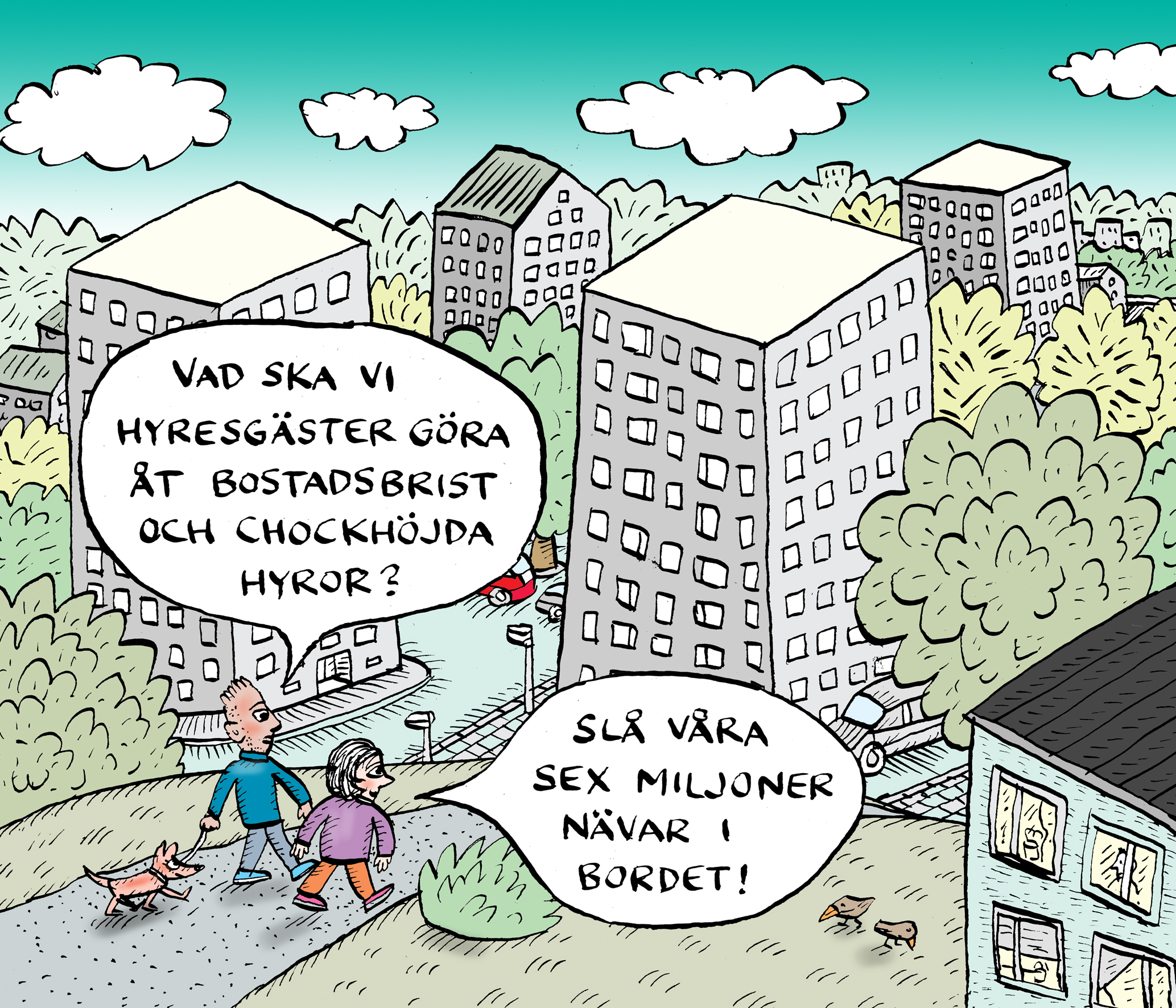 Två personer promenerar med sina hundar i en stad och diskuterar bostadskrisen. Stadssilhuetten syns i bakgrunden.