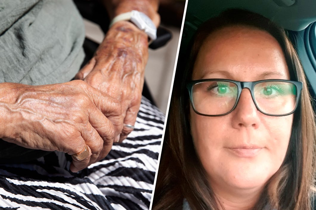 Närbild av en äldre personer händer som vilar i knät, bredvid en separat bild av en kvinna med glasögon som tittar mot kameran.