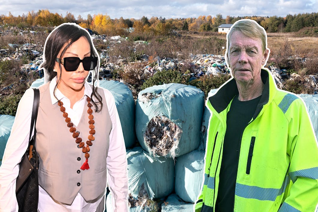 Två personer står framför en stor hög med soppåsar utomhus. Den ena personen har en vit skjorta, grå väst och solglasögon, den andra personen bär en gul jacka.