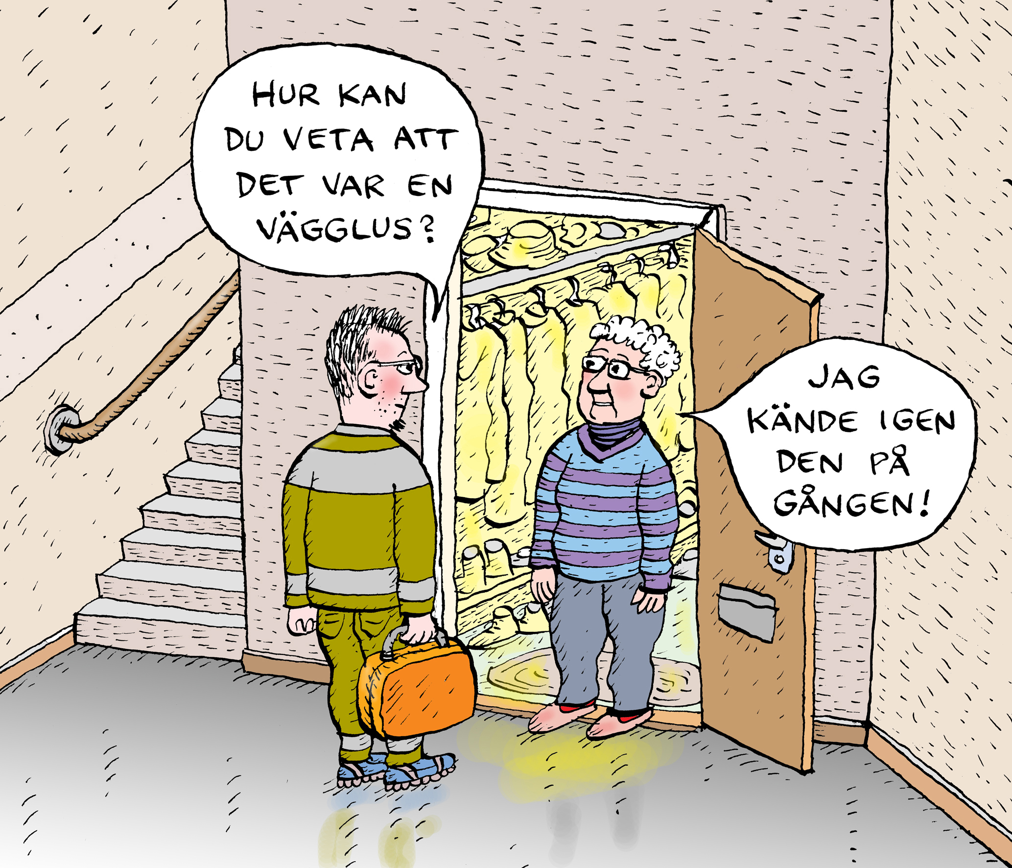 Tecknad illustration av två män som står nära en dörr. En av dem håller i en resväska och frågar, ”Hur kan du veta att det var en vägglus?” Den andra svarar ”Jag kände igen den på gången!”