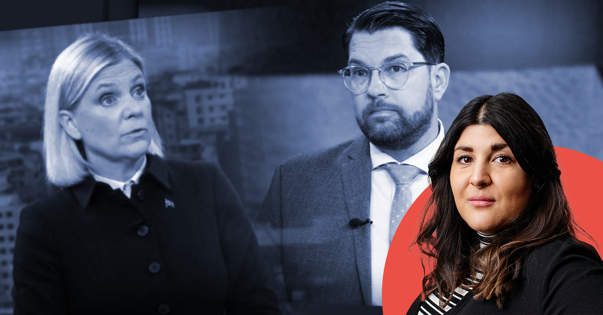 Tre personer i en sammansatt bild: två av dem visa i en svartvit stil medan den tredje personen syns till höger framme mot en röd cirkulär bakgrund.