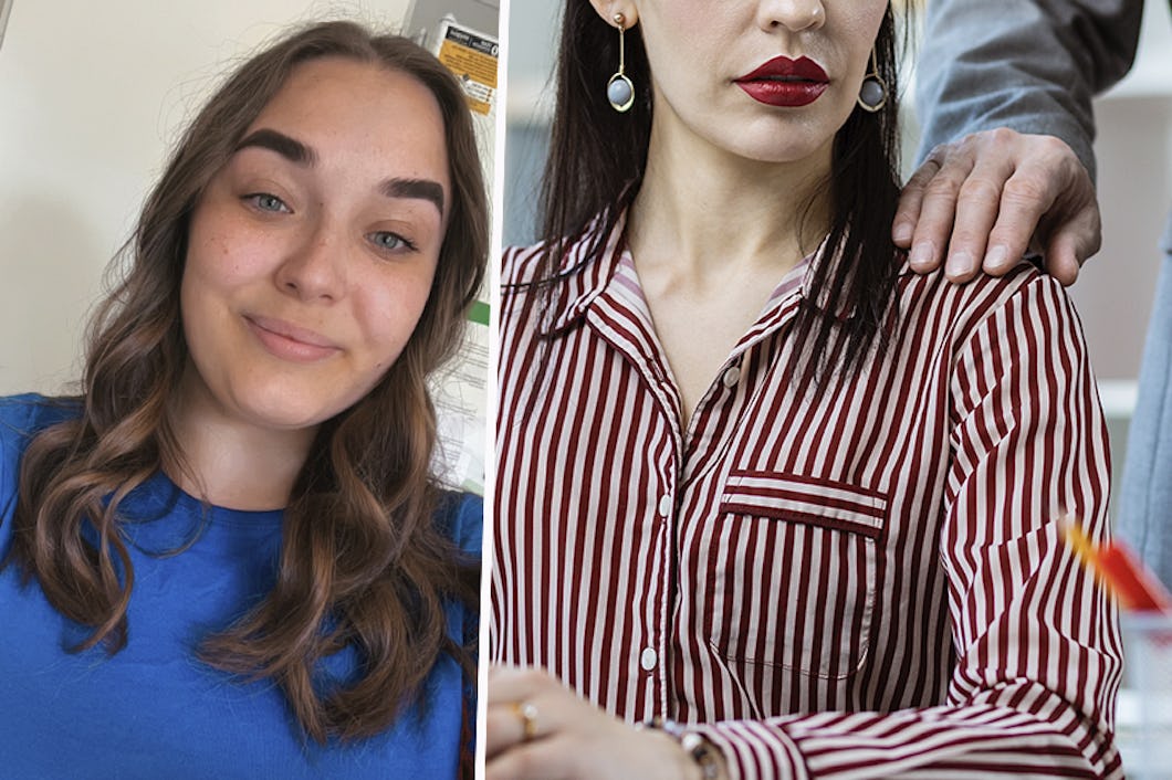 På vänster sida syns en kvinna i en blå skjorta. På höger sida finns en person i randig skjorta med någons hand på deras axel.