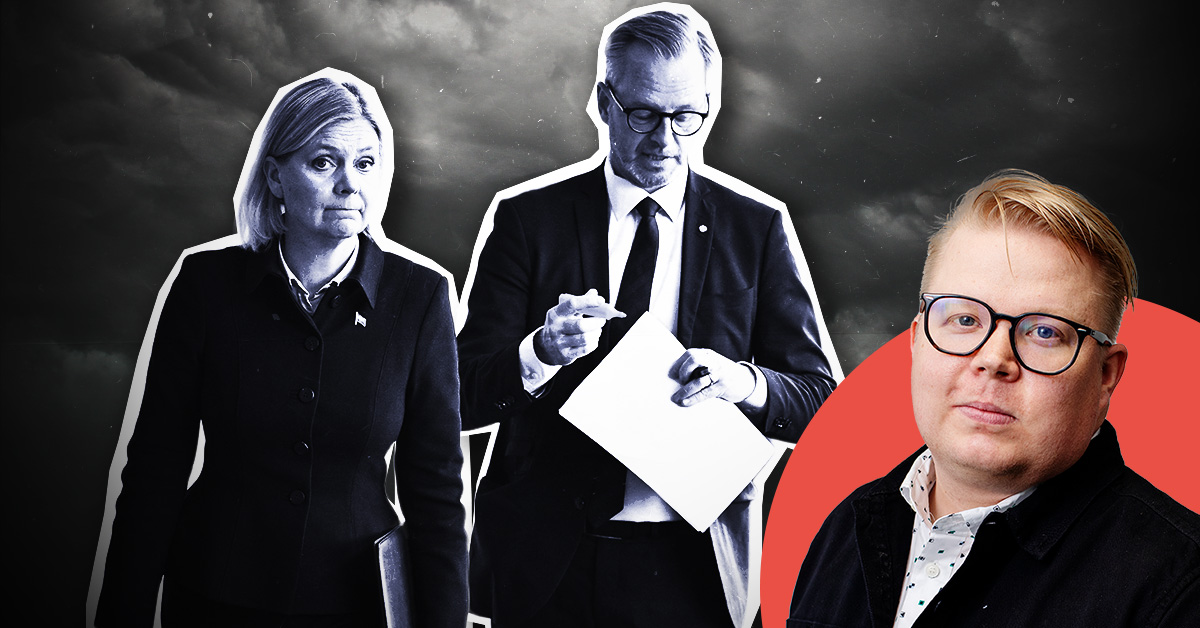 Magdalena Andersson och Mikael Damberg i formella kläder står framför en mörk, molnig bakgrund.