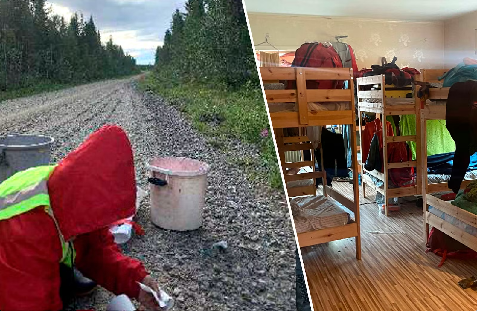 Vänster sida: En person i röd jacka utför fältarbete på en grusväg. Höger sida: Personer som organiserar och arrangerar föremål i ett rum med våningssängar.