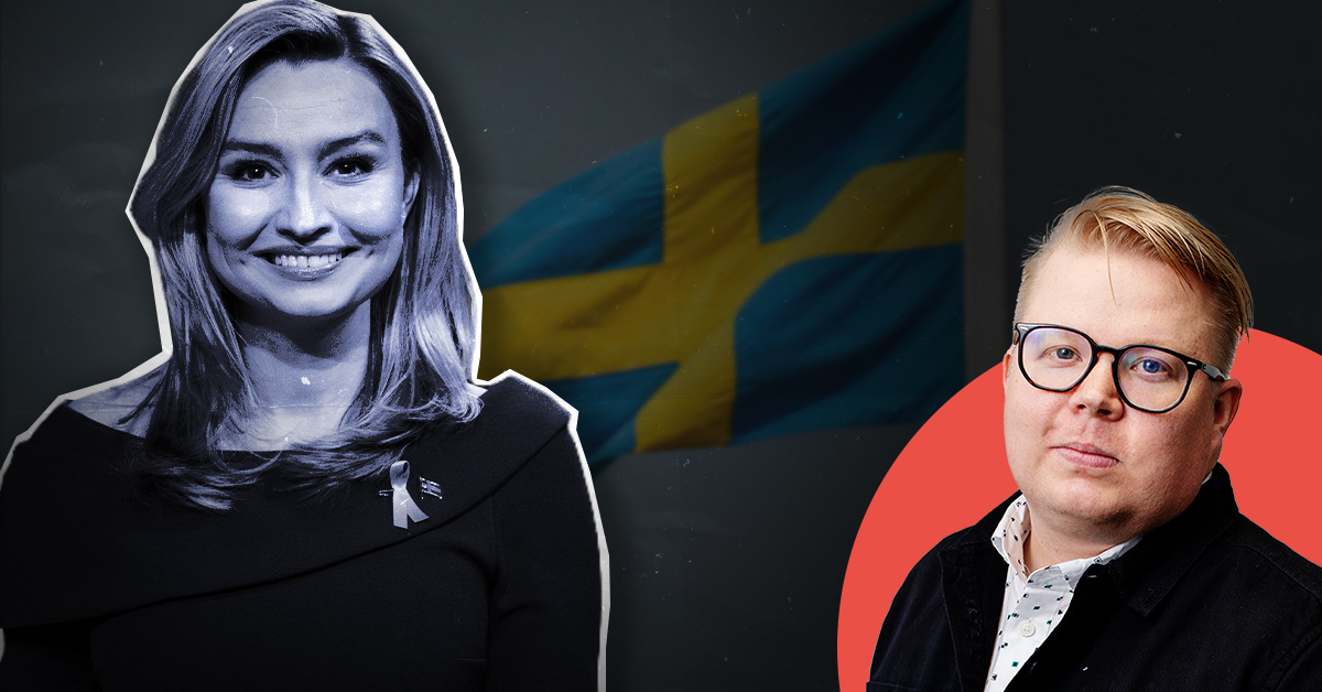 En svartvitt foto av Ebba Busch som ler och ett färgfoto av en man med glasögon, båda framför en svensk flagga.