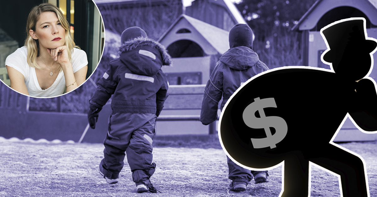 En kvinna syns i en inramad bild, två barn går utomhus och en silhuett av en man med pengar.