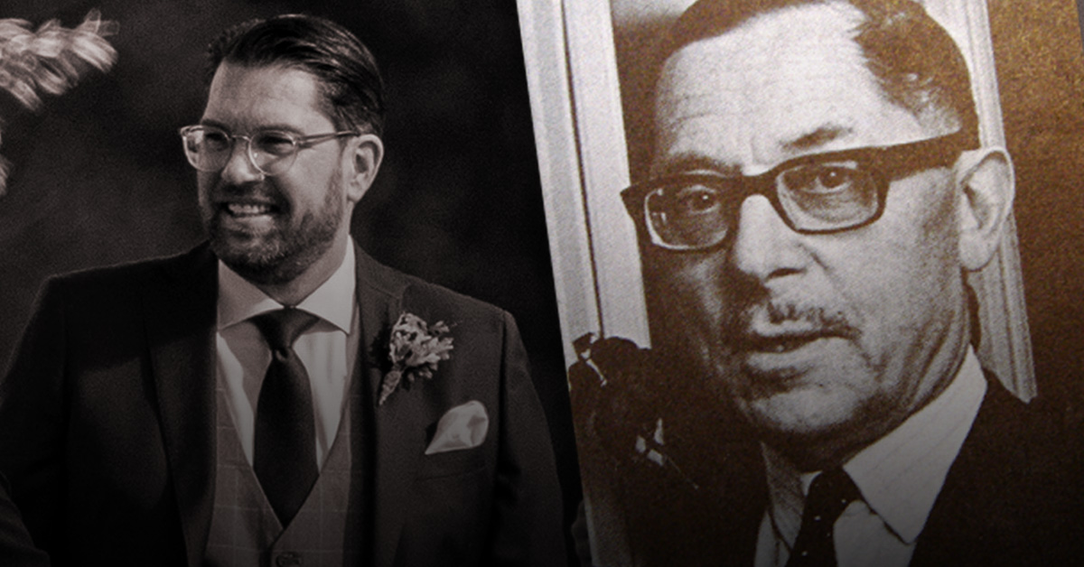 En man i kostym och slips står till vänster med ett leende, och en äldre svartvit bild av en man med glasögon finns till höger.