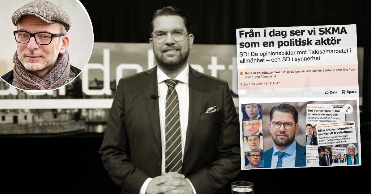 En collagebild som visar en man i kostym vid ett podium, en infälld bild av en man med hatt samt en webbsida med artiklar och foton av båda männen på svenska.