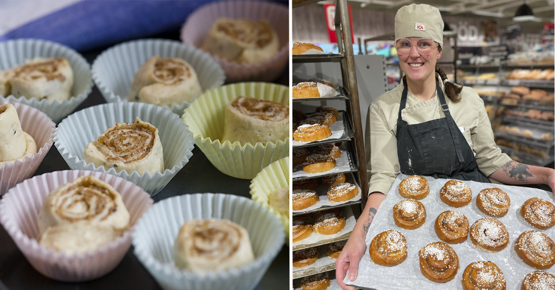 Till vänster: Närbild av obakta kanelbullar i pappersformar på en bricka. Till höger: En bagare som håller en bricka med nybakade kanelbullar.