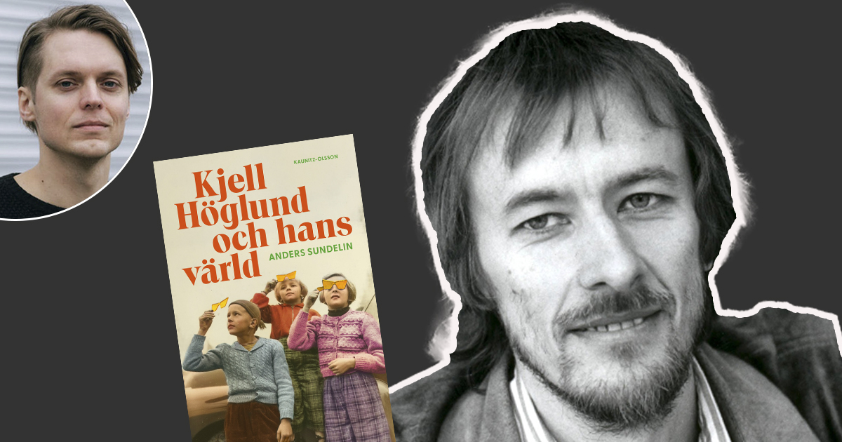 Ett collage med en profilbild av en ung man, ett bokkomslag med titeln "Kjell Höglund och hans värld”.