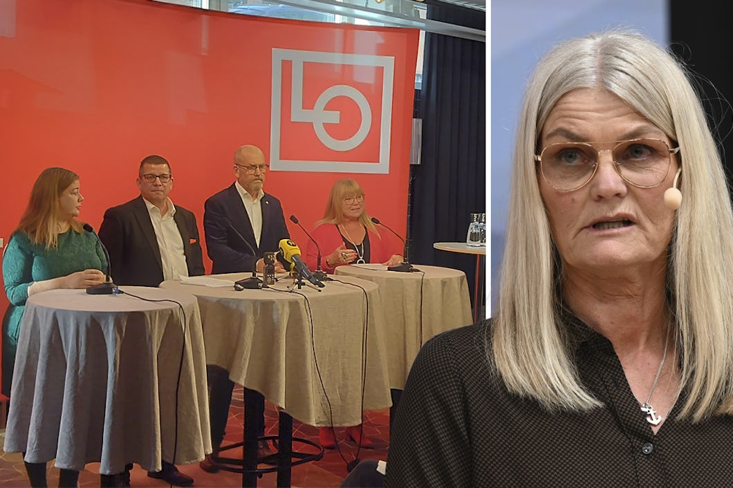 En grupp av fyra personer står vid ett bord för en presskonferens med mikrofoner. Till högre visa en separat bild av Eva Guovelin.