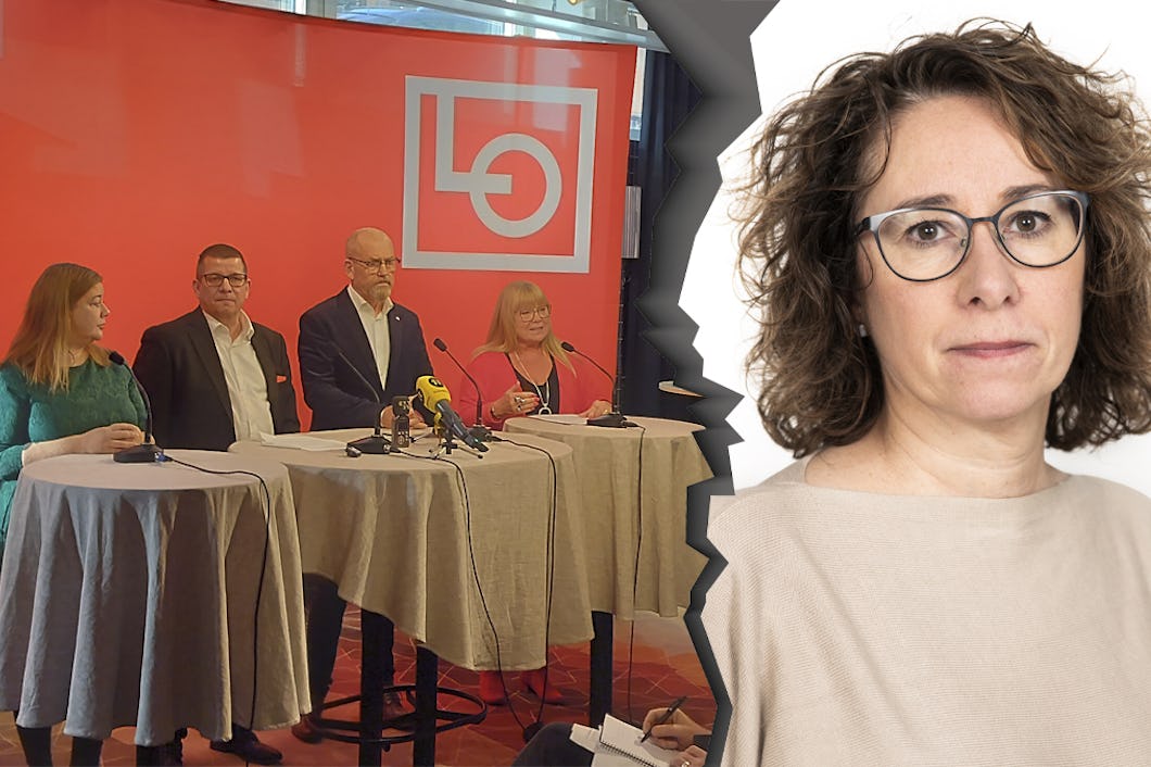 Fyra personer sitter vid ett bord och talar vid en presskonferens. Bakom dem finns en röd bakgrund och framför dem sitter en publik. Till höger om en spricka syns Sekos ordförande Gabriella Lavecchia.