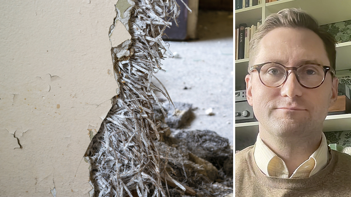 Bild av en riven vägg till vänster. Porträtt av Martin Andersson till höger.