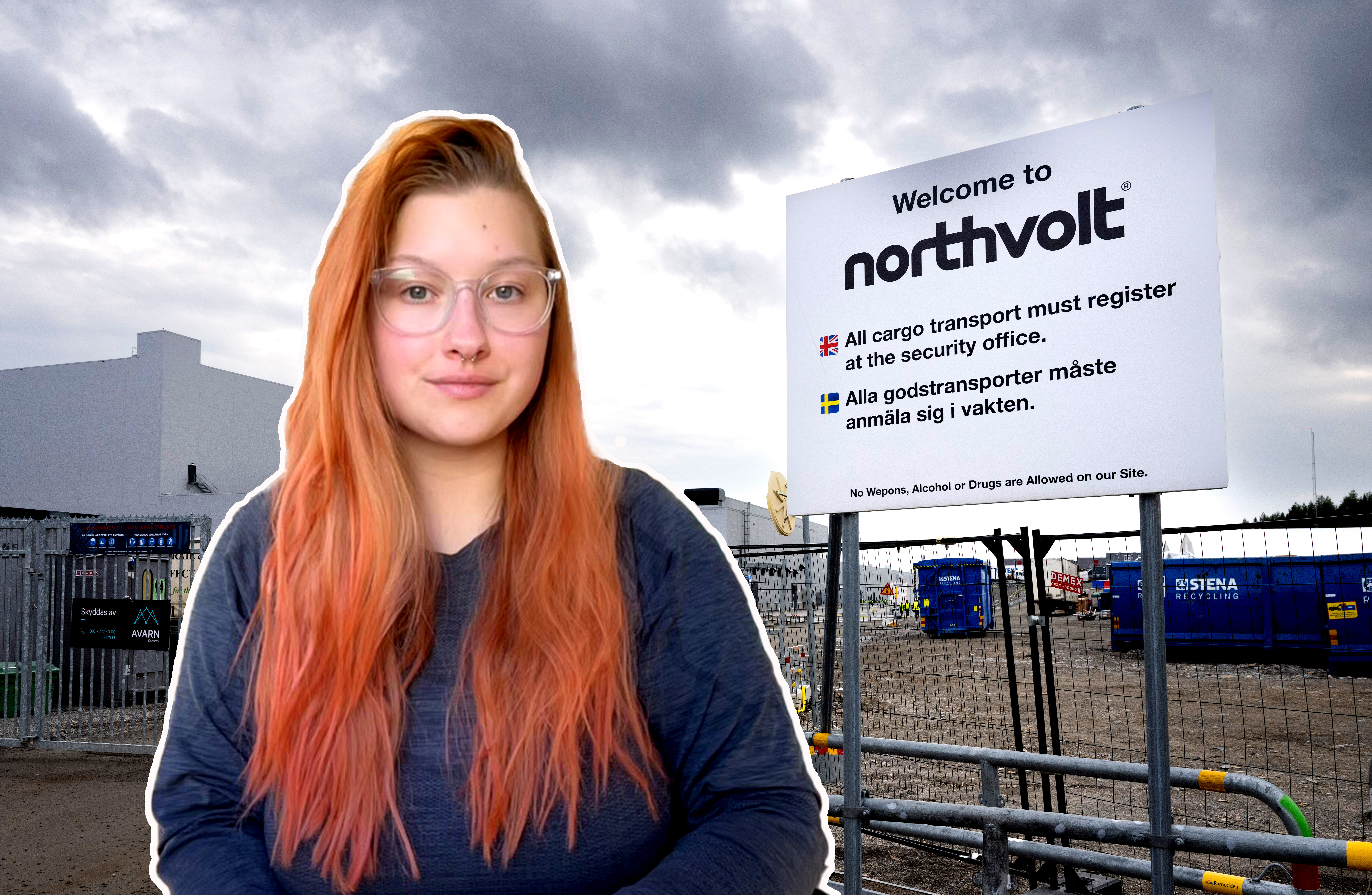 En person med glasögon står framför en Northvolt-skylt på en byggarbetsplats. I bakgrunden syns trailers och utrustning under en molnig himmel.