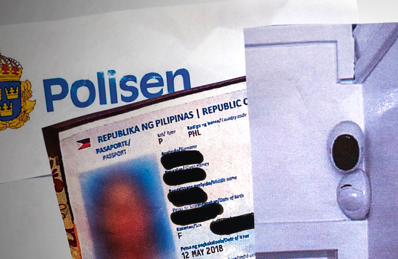 Närbild av ett suddigt pass och ett dokument där texten "Polisen" syns.