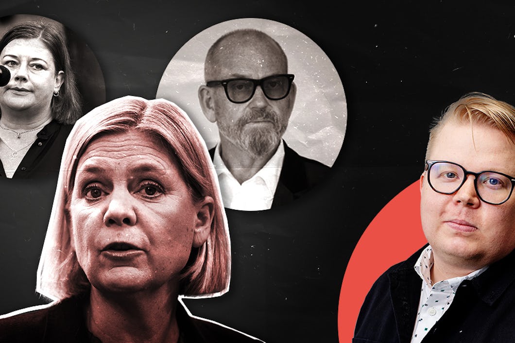 En bild med fyra personer. En person står i förgrunden, och bakom finns tre mindre bilder av personer inuti cirklar. Bakgrunden är svart och röd.