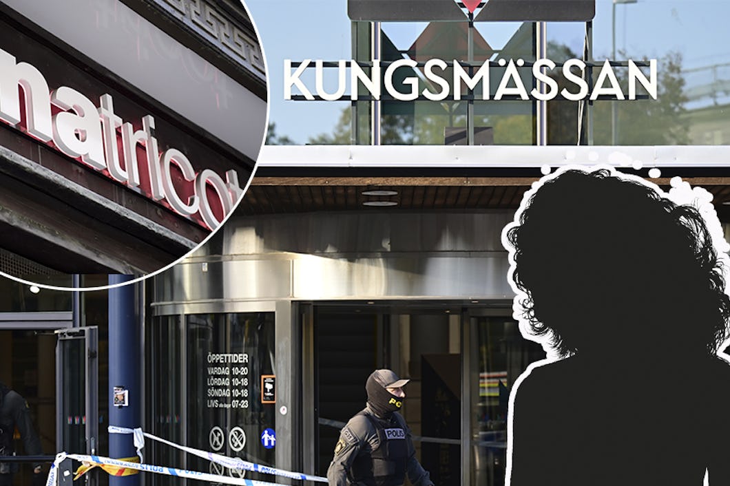 Ingång till en byggnad med skylten "Kungsmässan" synlig. En mindre bild i ena hörnet visar en del av en butiksskylt.
