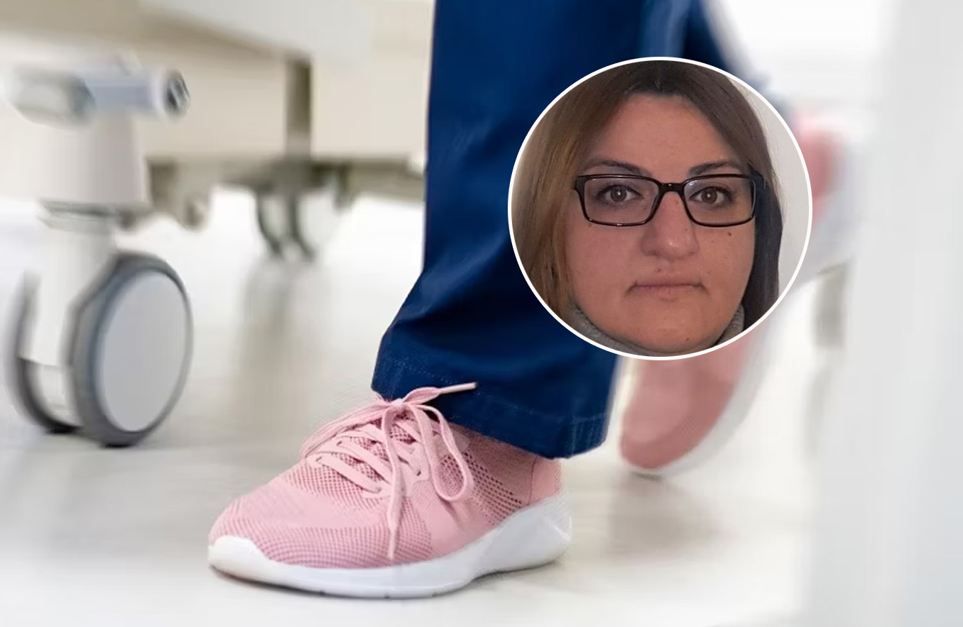 En person går i ett sjukhusklimat och bär rosa sneakers; en infälld bild visar en närbild av en person med glasögon.