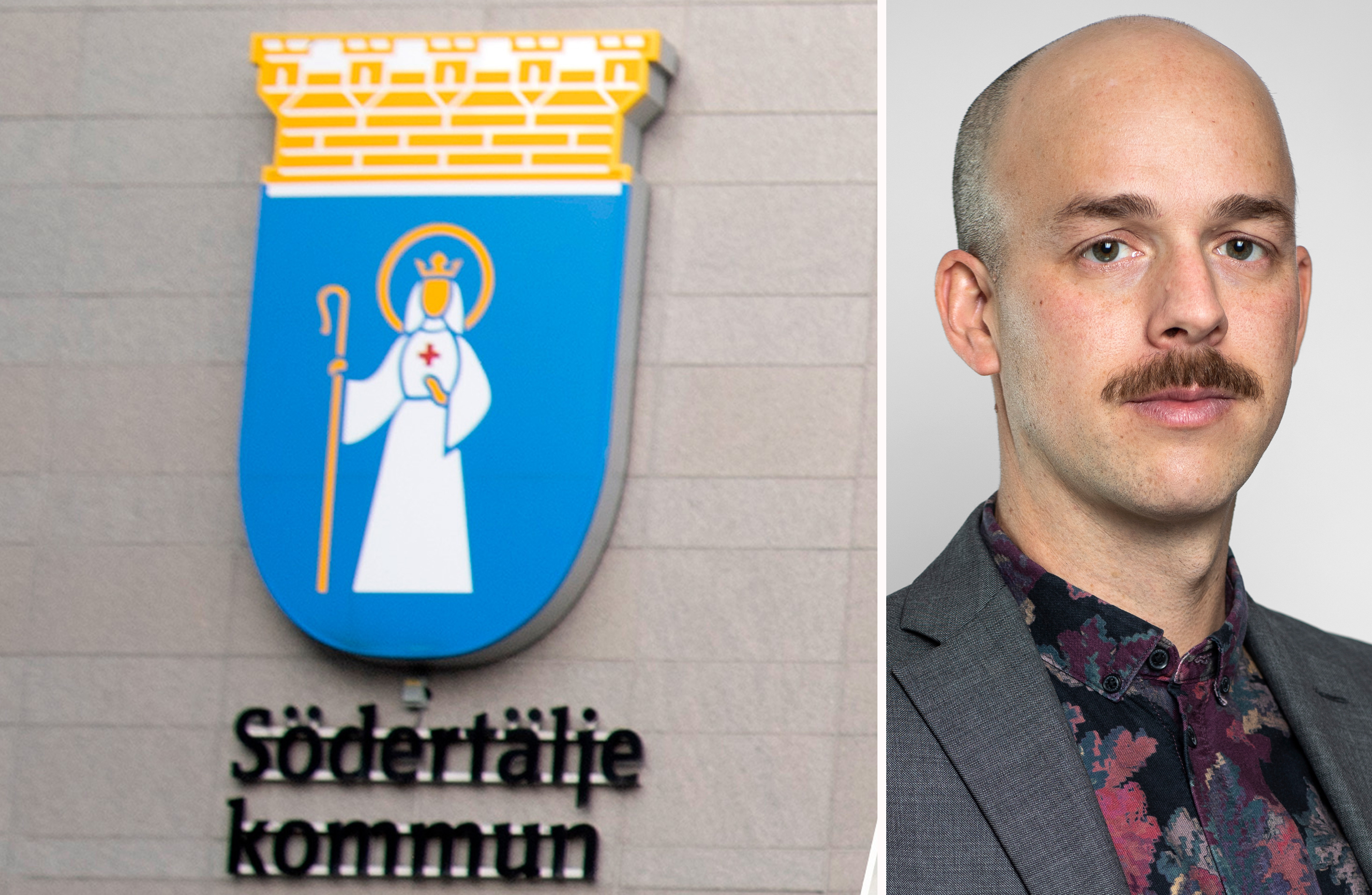 Detta är en bild som visar Södertälje kommuns kommunvapen till vänster och en porträttbild av en skallig man med mustasch klädd i kostym och blommig skjorta till höger.