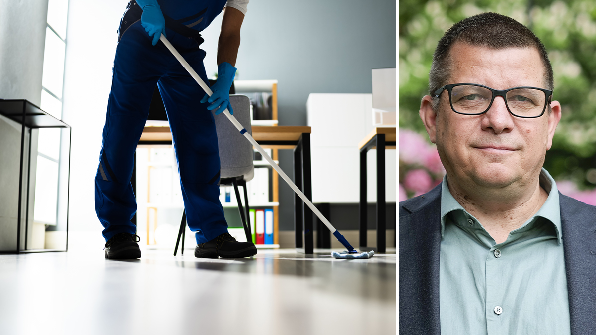 Delad bild med en person som moppar golvet i en kontorsmiljö till vänster, och ett porträtt på Veli-Pekka Säikkälä till höger.