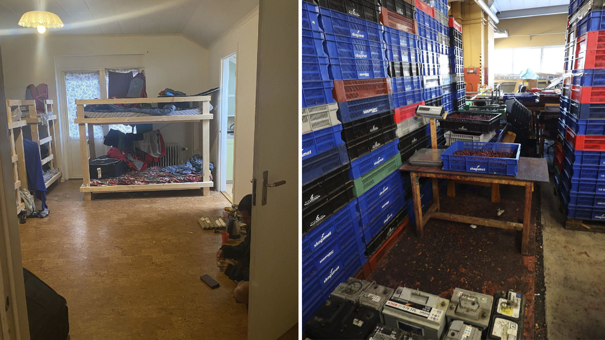 Delad bild på våningssäng och bärlager.