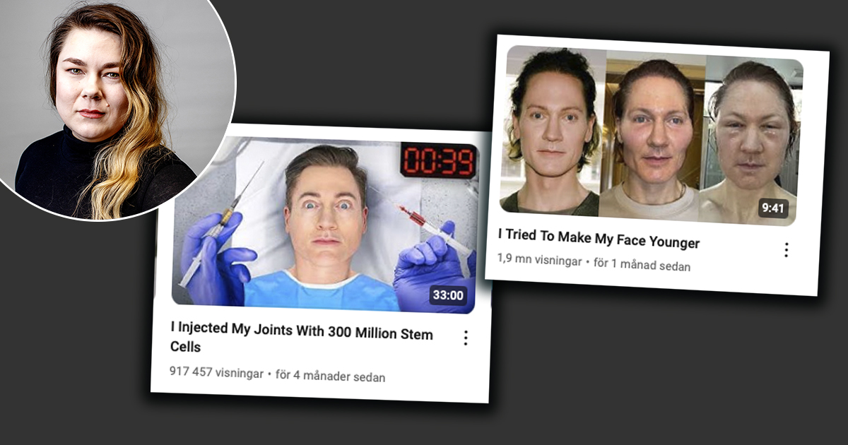 En person med långt hår syns i en cirkulär ram. Bredvid finns två videominiatyrer som visar en annan person, med medicinska tema som inkluderar injektioner och ansiktsförändringar.