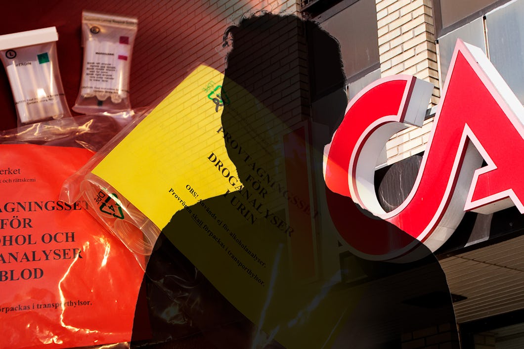 Silhuett av en person syns mot bakgrunden av förpackningar med drogtestkit och en butiksskylt med texten "ICA".