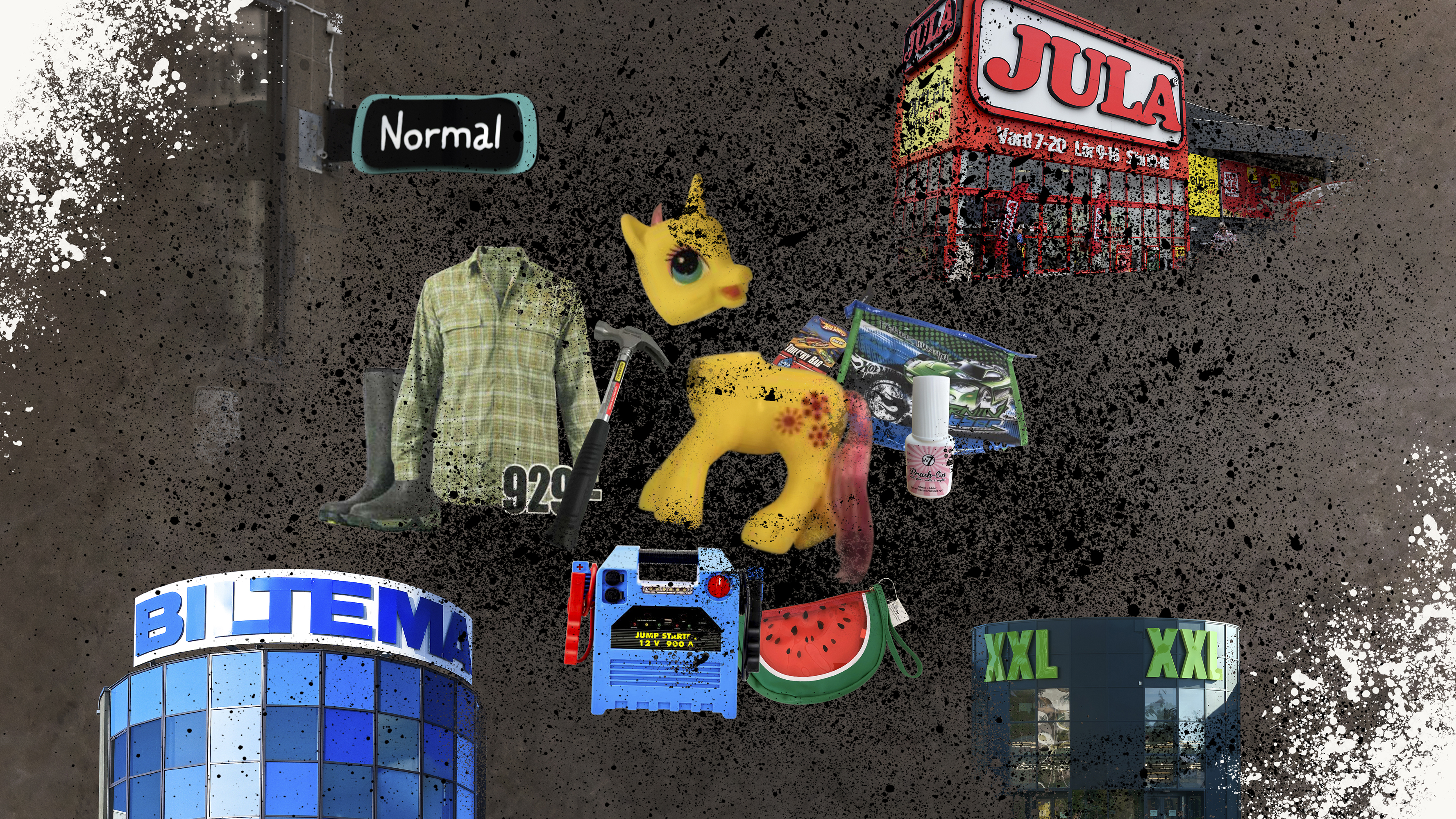 Ett collage med shoppingartiklar och butiksskyltar, där en "Normal"-skylt syns, tillsammans med en rutig skjorta, en leksakshäst och logotyper av Jula, Biltema och XXL. Olika föremål som ett batteri och en vattenmelonskiva ingår också.