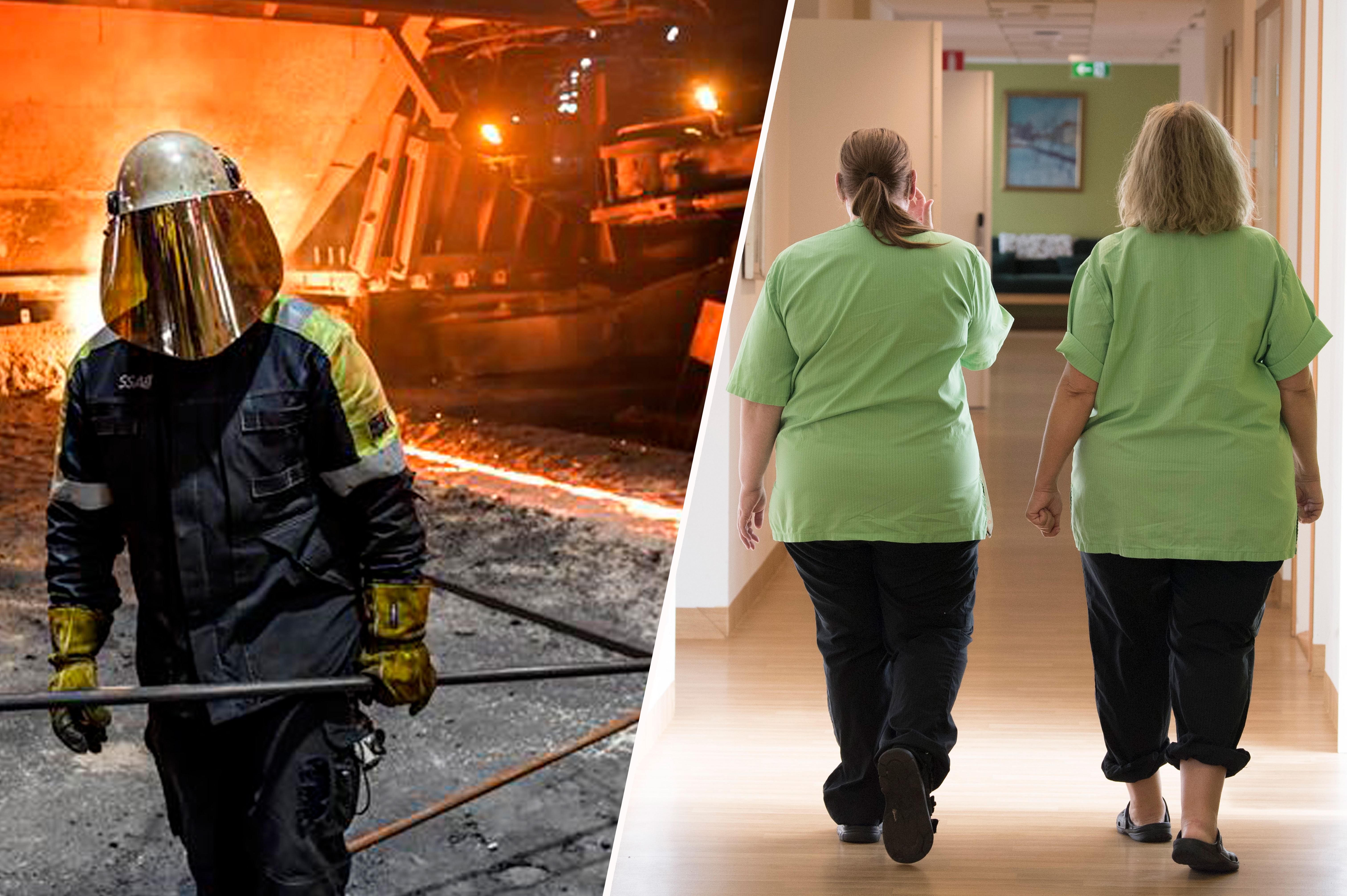 En brandman arbetar nära en eld iklädd värmereflekterande utrustning; två personer går nerför en korridor i gröna tröjor.