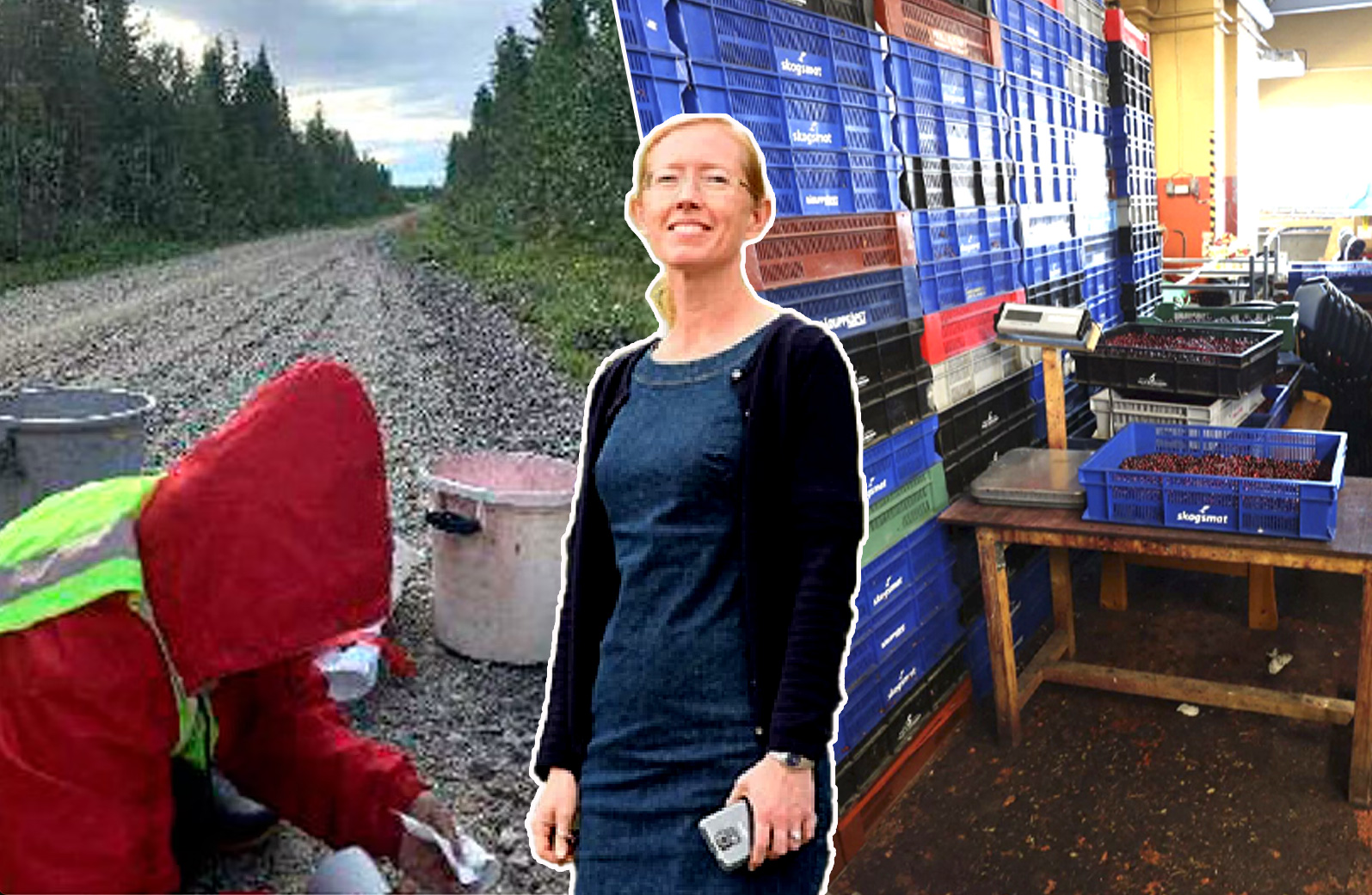 En person står framför staplade trälådor och ett bord med små föremål. En annan person i röd huva hukar vid en grusstig i ett skogsområde.