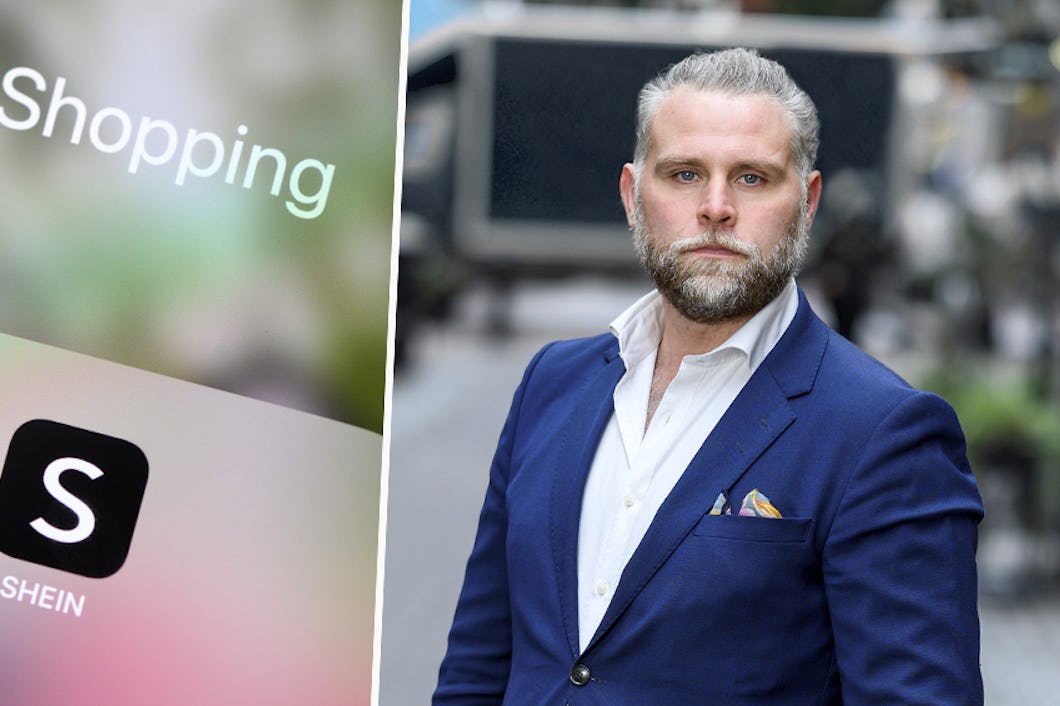 Närbild av en smartphone-skärm som visar shoppingapparna Temu och Shein. Till höger står en man i blå kostym på en gata.