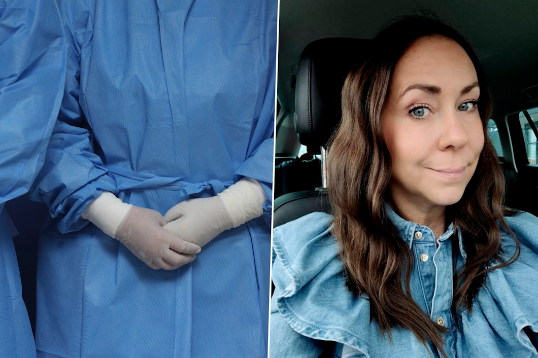 På bilden till vänster finns två personer i blå medicinska kläder och handskar, sedda bakifrån. På bilden till höger sitter undersköterkan Therese Falk. med långt brunt hår i en bil, klädd i en blå tröja med volanger.