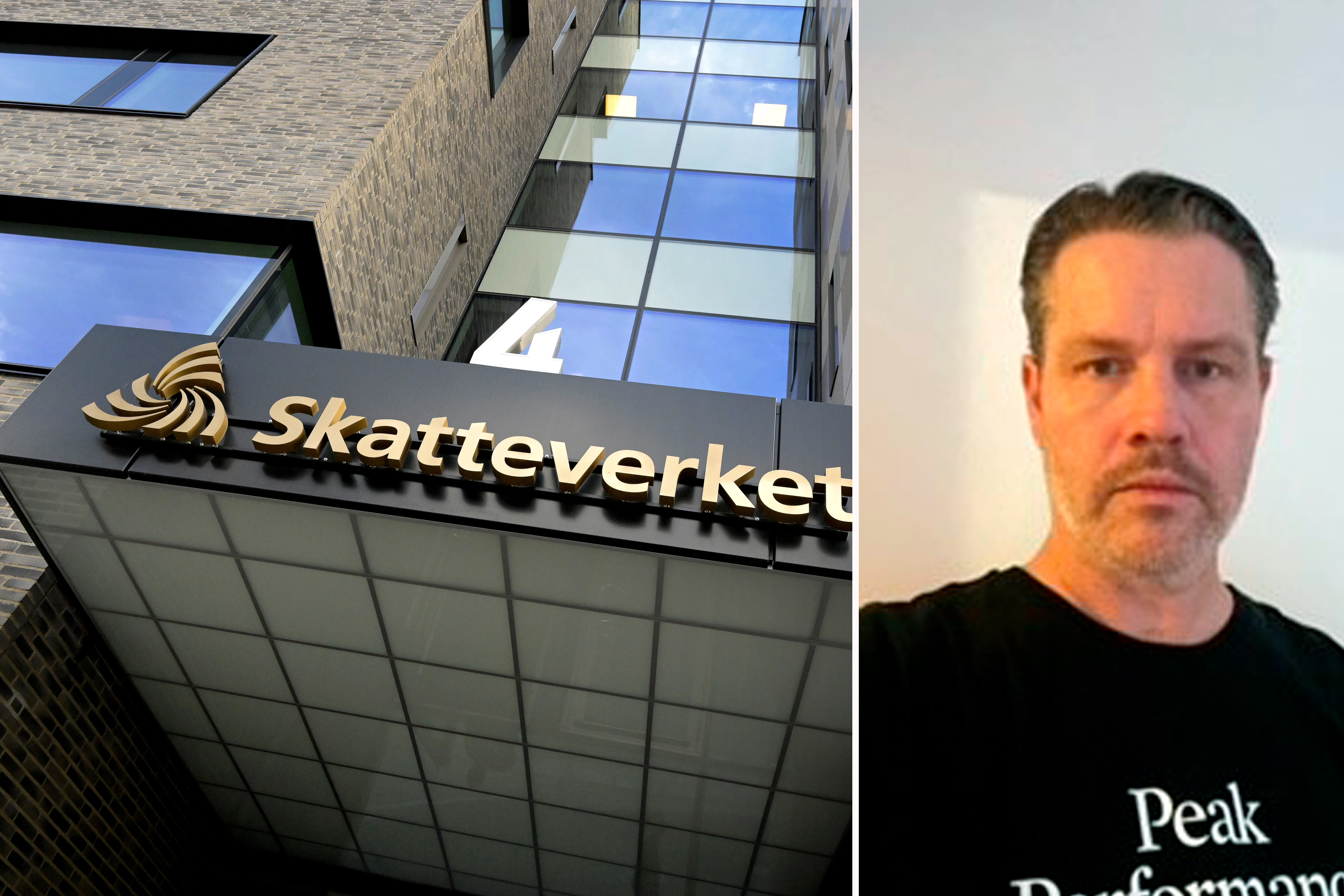 Till vänster: Skatteverkets byggnad med logotypen på fasaden. Till höger: En man med kort hår och skägg, iklädd och tröja med texten "Peak Performance".