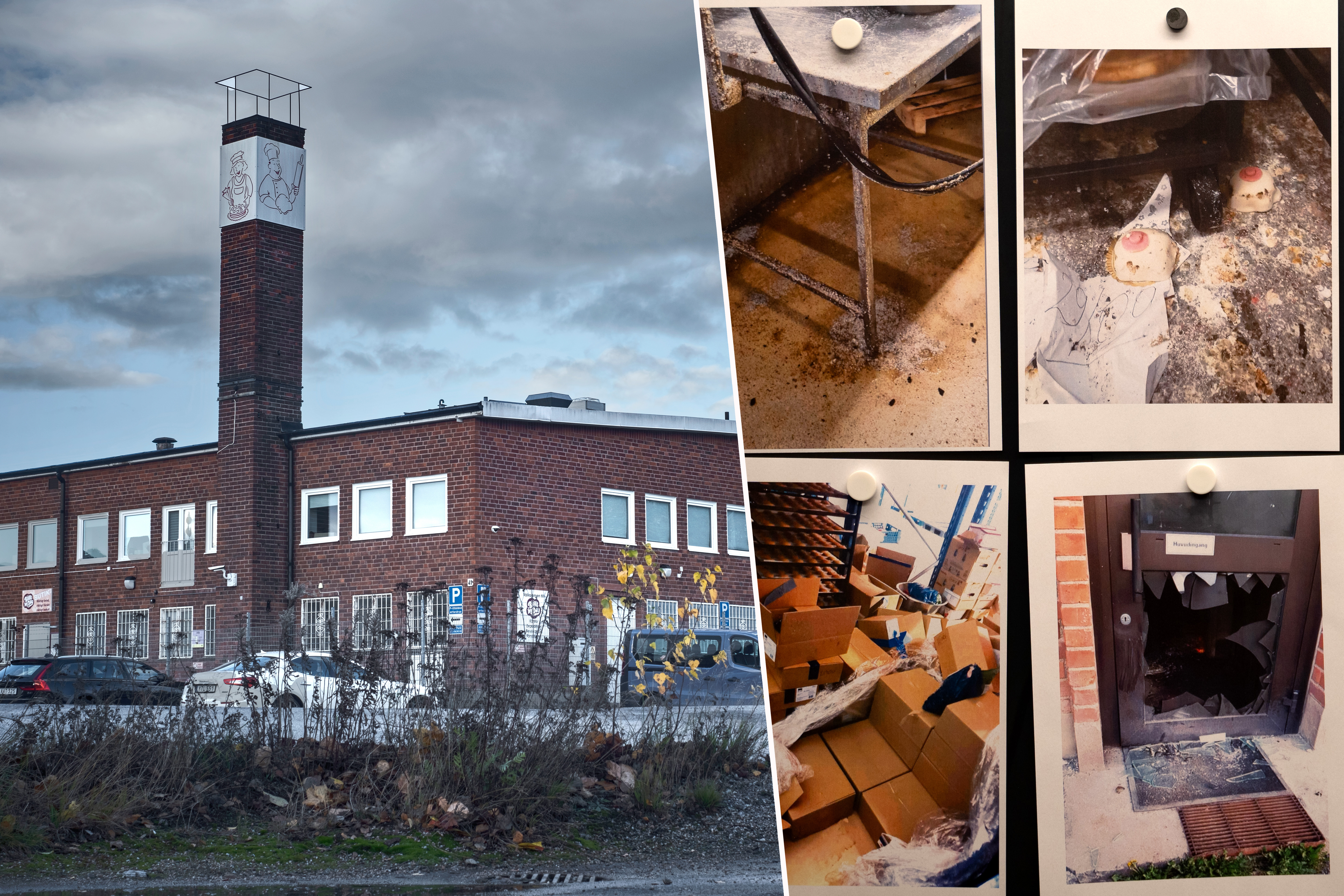 En industribyggnad av rött tegel med en hög skorsten. Till höger visa flera foton som dokumenterar inre skador, inklusive bråte och trasigt glas.