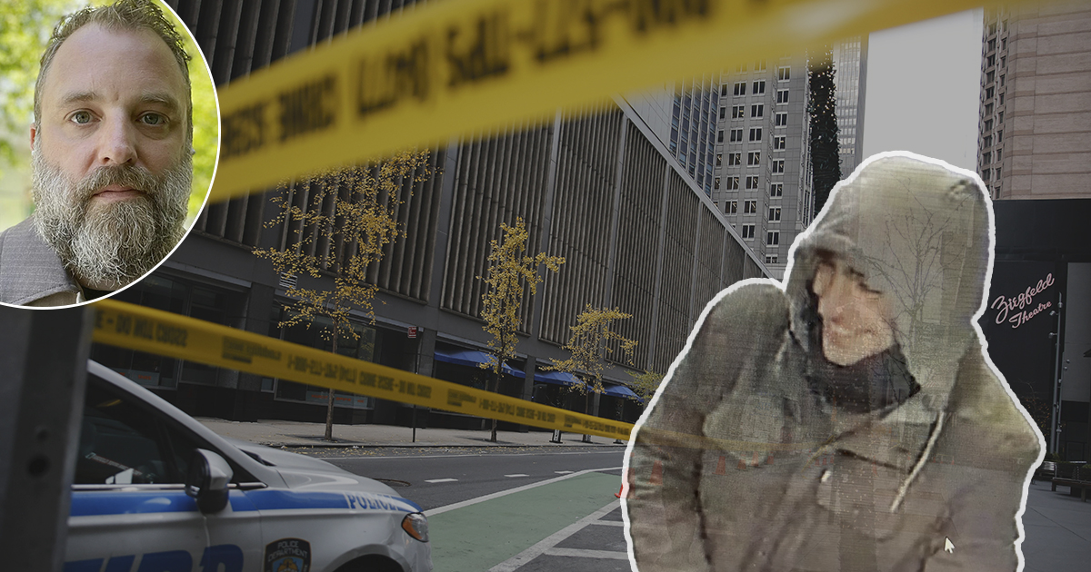 En man i en huva står framför en polisavspärrning. En cirkulär porträttbild på en annan man är infälld i bilden.