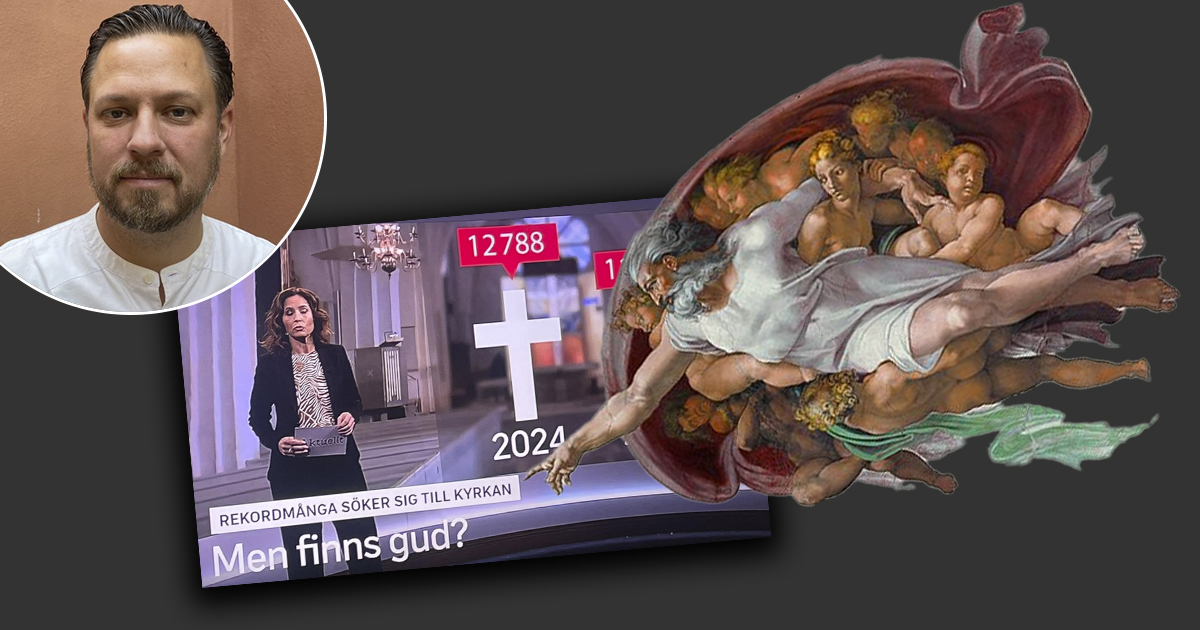 Ett collage som visar ett mansporträtt, ett TV-inslag om religion samt Michelangelos verk "Adams skapelse".