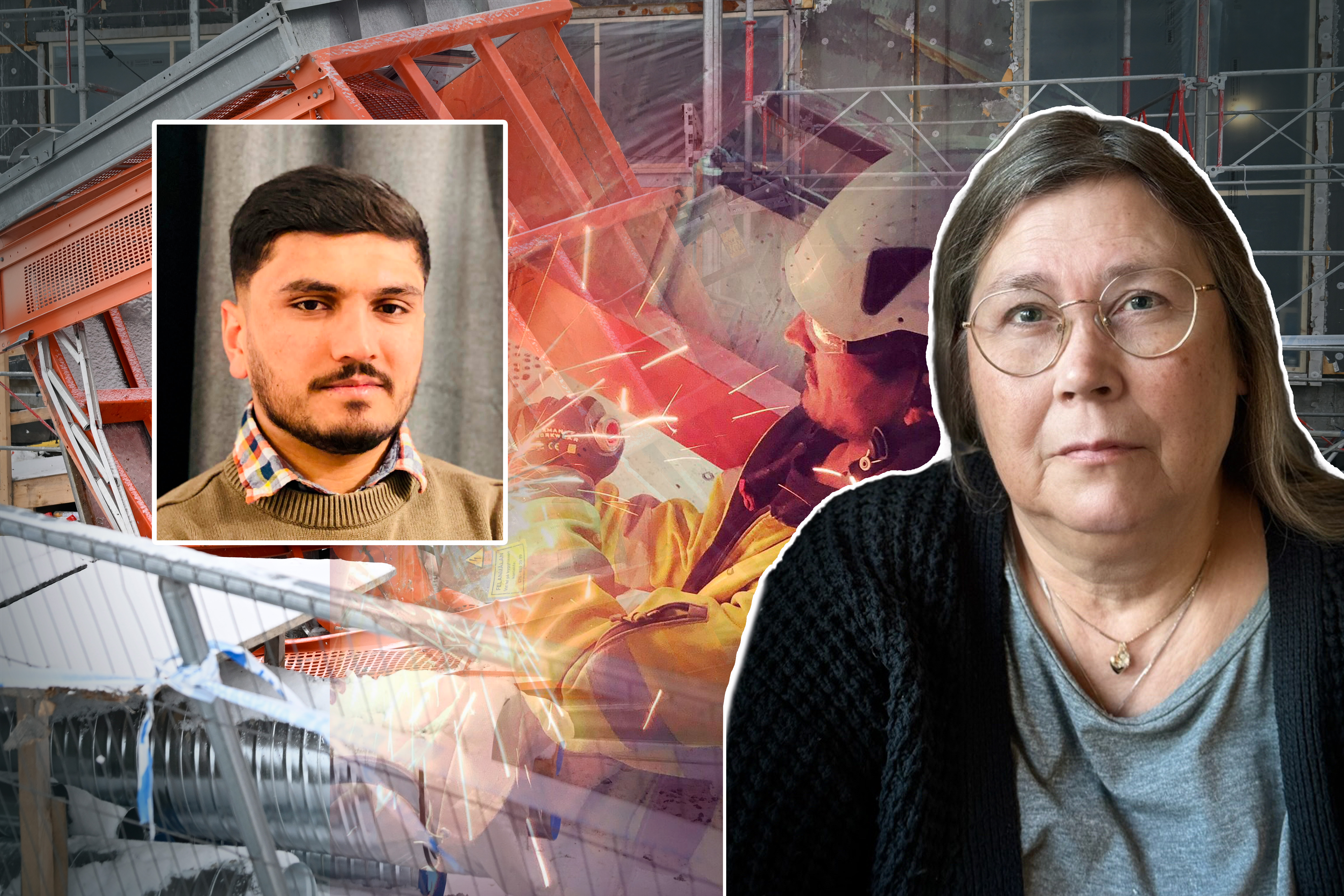 En man och en kvinna visa i separata ramar mot en bakgrund av industriell byggnadsmiljö.