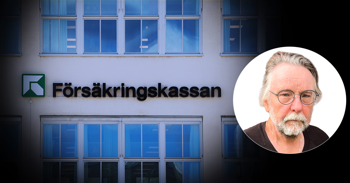 En byggnad med en skylt där det står "Försäkringskassan" och flera fönster. En cirkulär infällning visar en man med glasögon och skägg mot en vit bakgrund.