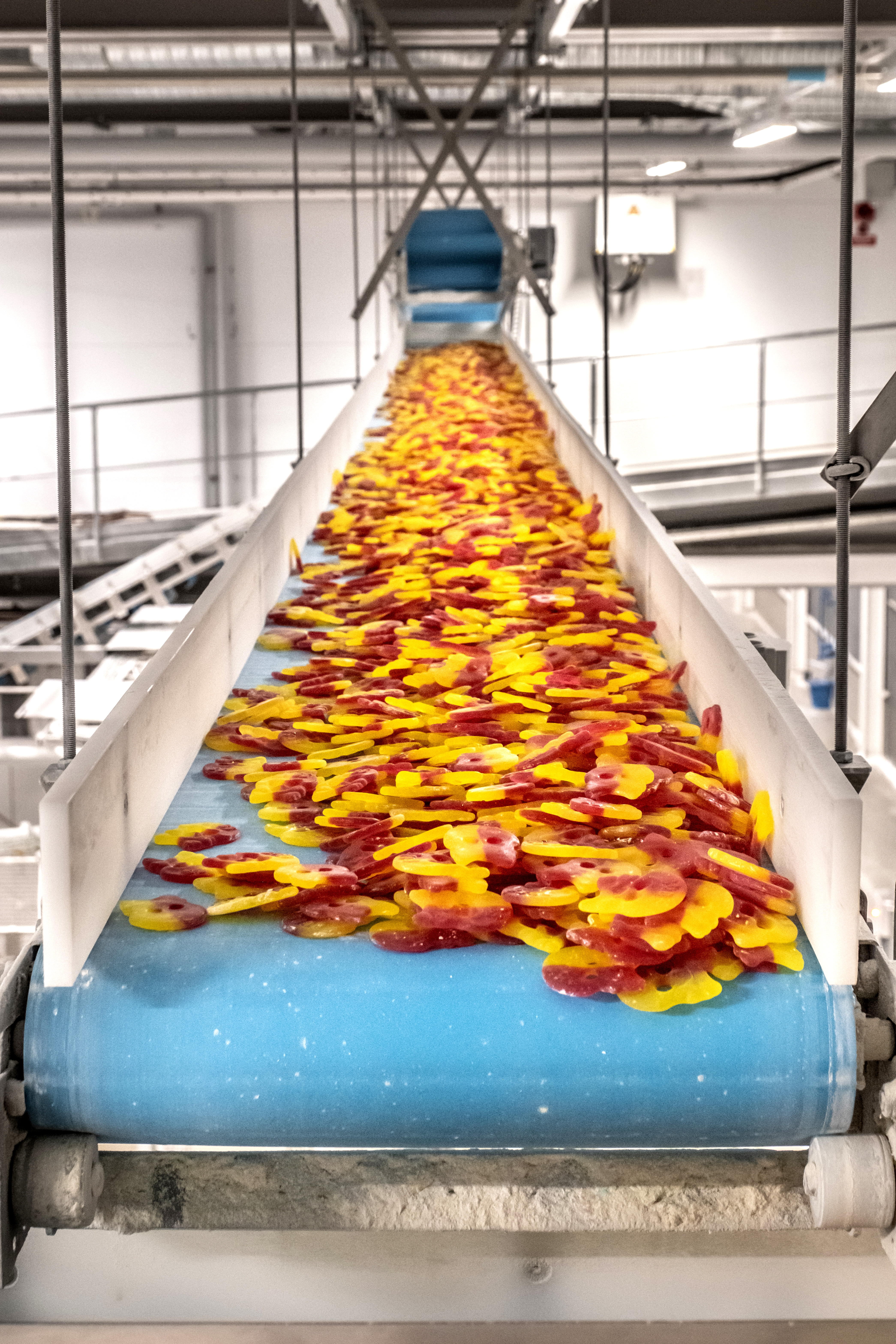 Gelégodis på ett blått transportband i en fabriksomgivning.