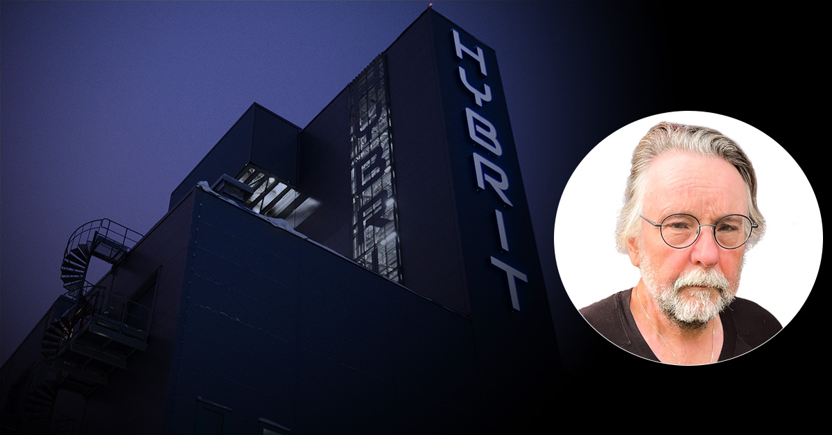 Byggnad med "HYBRIT"-skylt i mörker; infälld bild visar en man med glasögon och grått hår.