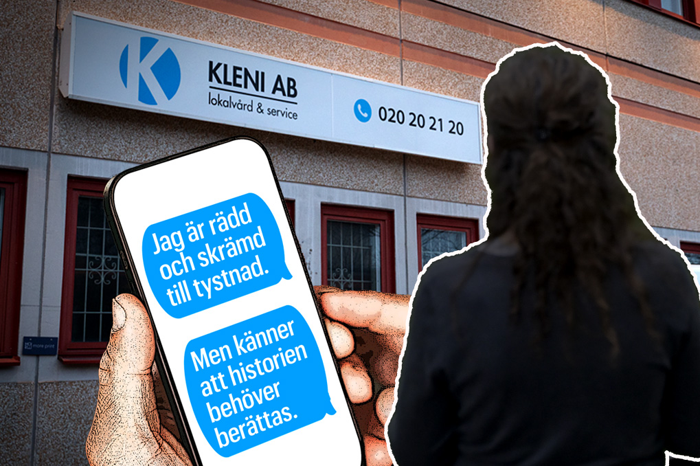 En person som tittar på en telefon med meddelanden på svenska, stående framför en byggnad med skylten "Kleni AB".