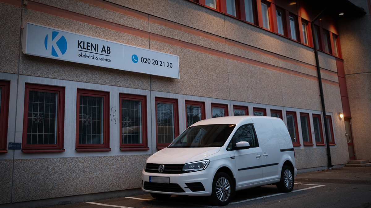 En vit skåpbil står parkerad framför en byggnad med en skylt som har texten "Kleni AB lokalkyl & service" samt ett telefonnummer, 020 20 21 20.