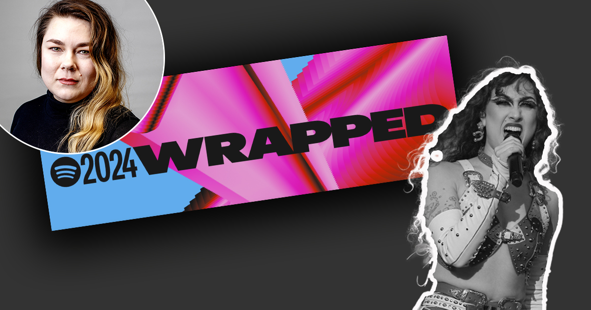 Spotify 2024 Wrapped reklambanner med ett porträttfoto av en person på vänster sida och en artist som sjunger på högre sida.