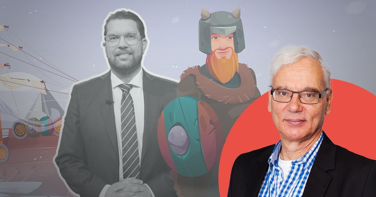 Två män står framför en bakgrund med en vikingateckning och ett vikingaskepp.