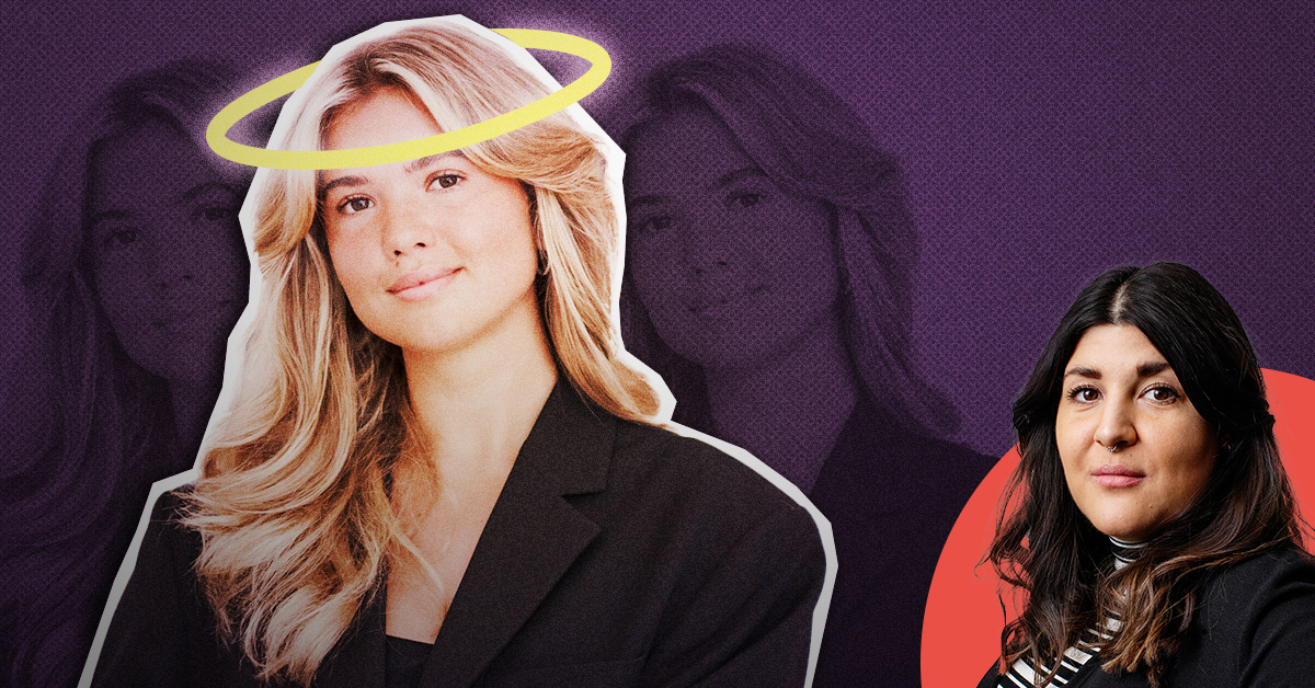Influencern Matilda Djerf med blont hår och en illustrerad gloria till vänster, med en skuggbild bakom henne. Till höger står en kvinna med mörkt hår mot en röd bakgrund.