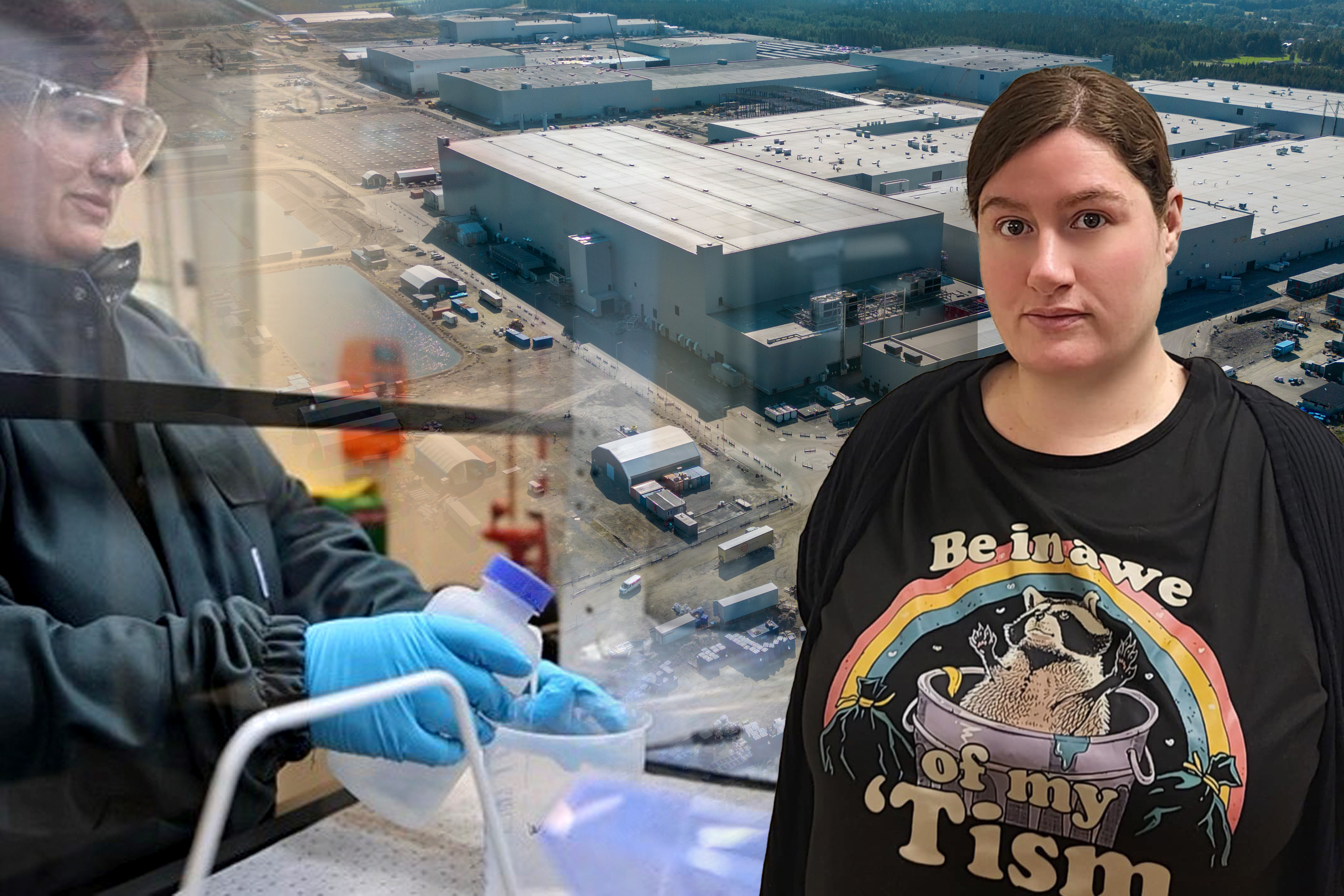 En person med brunt hår och en svart tröja står framför en sammansatt bild som visar en laboratoriemiljö och en industribyggnad.