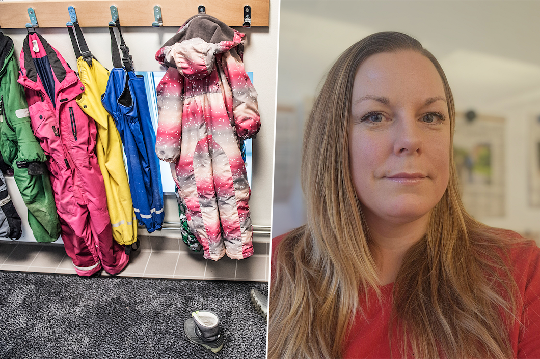 Till vänster: Barnoveraller i olika färger och ett par stövlar på en klädhängare. Till höger: Sofia Larsson med långt hår bär en röd skjorta och står inomhus, vänd framåt.