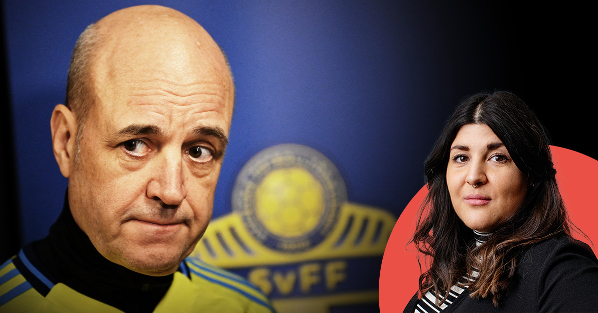 En man i en gul och blå tröja står framför en SVFF-logotyp och tittar åt sidan. En mindre bild av en kvinna med långt mörkt hår visa överlagrat i en röd cirkel till höger.