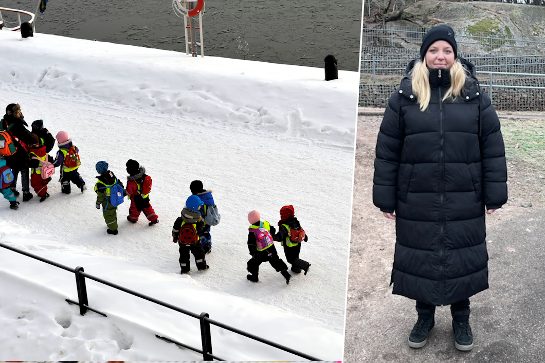 Barn i vinterkläder går på snö nära vatten. Till höger står Jennie Lillevang i lång svart kappa utomhus.